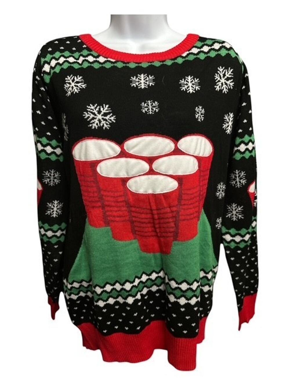 Tipsy Elves Women Large Sweater Beer Pong Game Black Red Ugly Funny Christmas